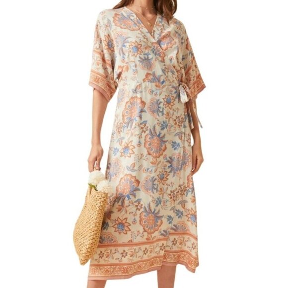 Women's Vintage Floral Print Kimono Style Tie Waist Bohemian Dress, NWT - Picture 1 of 7